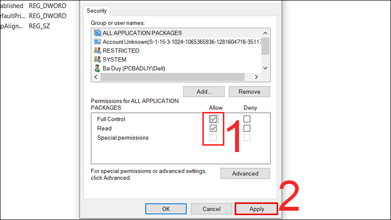Bạn nhấn vào phần Allow của Full Control và Read 