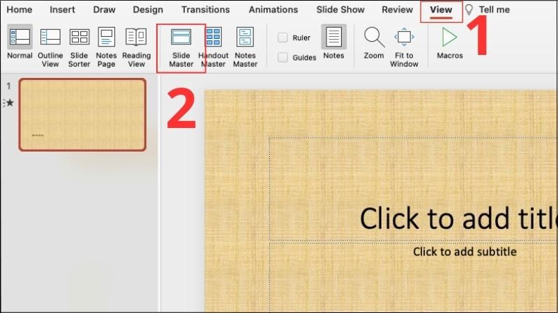 Chọn View trên thanh công cụ > Chọn Slide Master